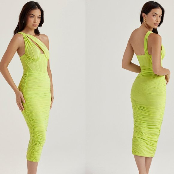 House of CB ‘Valentina’ Lime Asymmetric Cutout Midi Dress NWOT - Picture 5 of 11